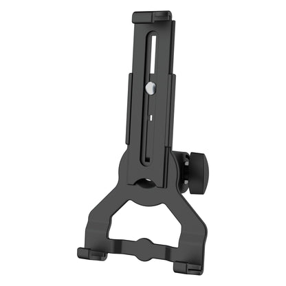 Biobased tablet holder front view showing black adjustable slotted clamp arm, lower grip tabs and side tightening knob, K&M