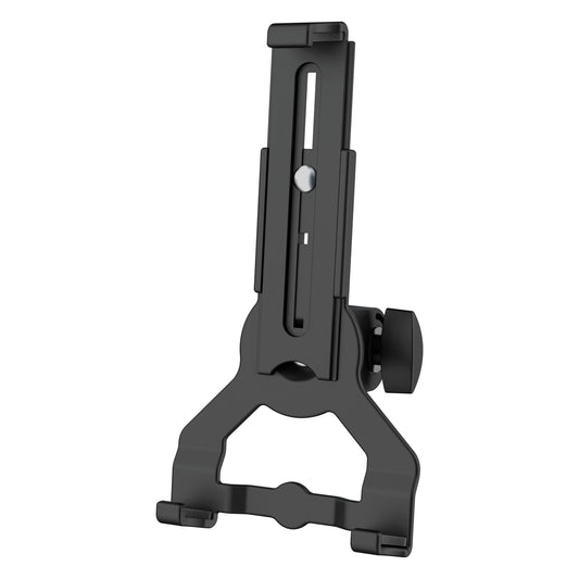 Biobased tablet holder front view showing black adjustable slotted clamp arm, lower grip tabs and side tightening knob, K&M