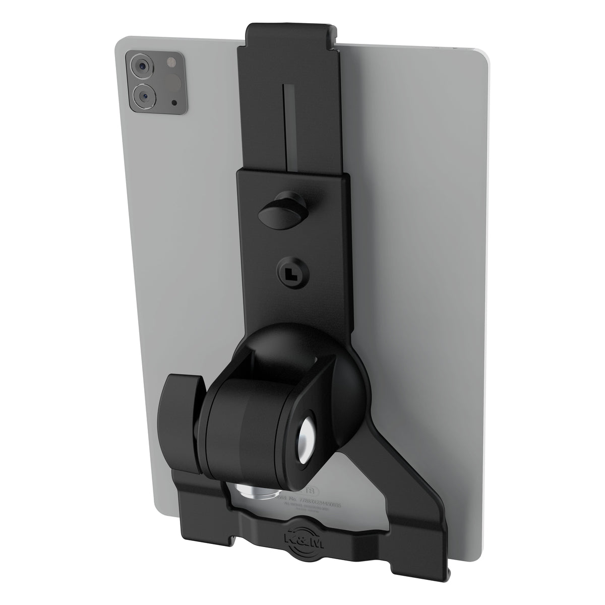 Biobased tablet holder rear view mounted on the back of a tablet showing ball joint, clamping knob and K&M logo on lower bar, K&M