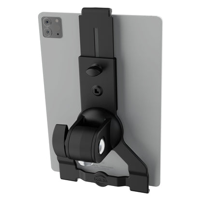 Biobased tablet holder rear view mounted on the back of a tablet showing ball joint, clamping knob and K&M logo on lower bar, K&M