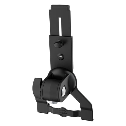 Biobased tablet holder rear view without tablet showing non-rotatable joint, locking knob, adjustment screw and K&M logo on lower bar, K&M
