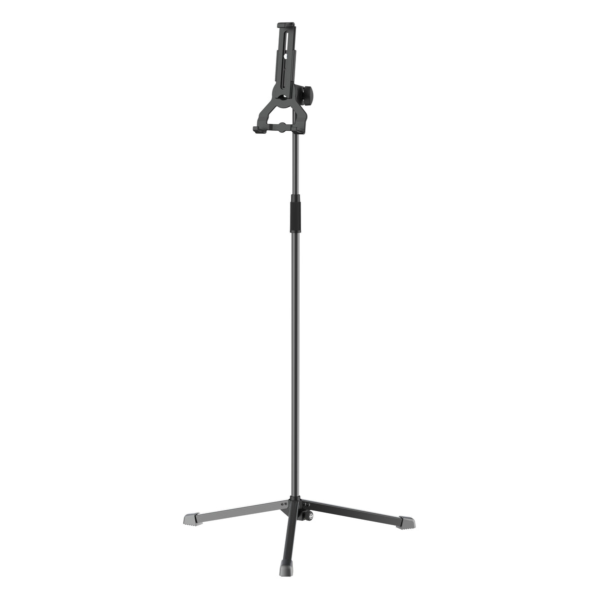 Biobased tablet floor stand front view with empty black holder on telescopic pole and tripod base, K&M
