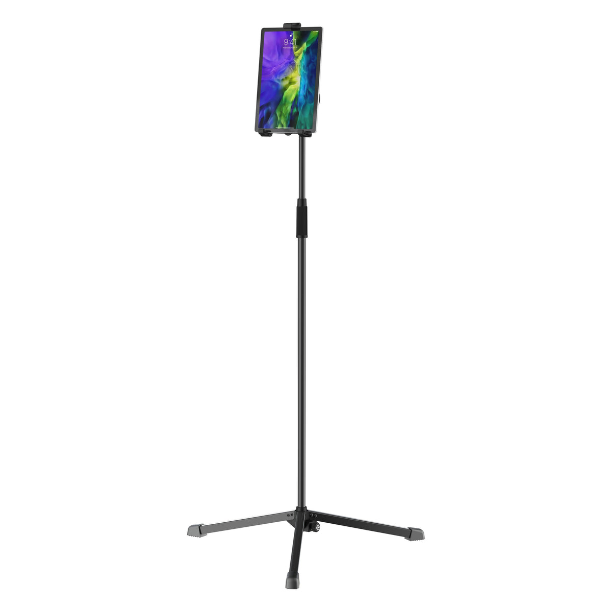 Biobased tablet floor stand front view with tablet mounted in holder at the top of the extended pole, K&M