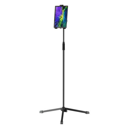 Biobased tablet floor stand front view with tablet mounted in holder at the top of the extended pole, K&M