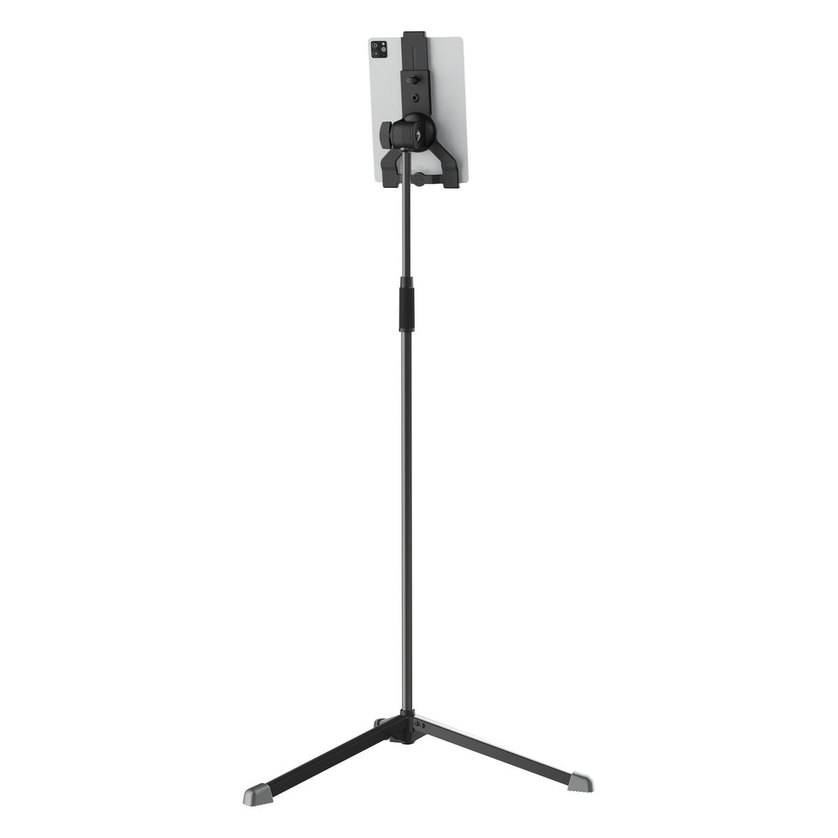 Biobased tablet floor stand rear view with tablet clamped in holder, showing tilt knob and ball joint mount, K&M