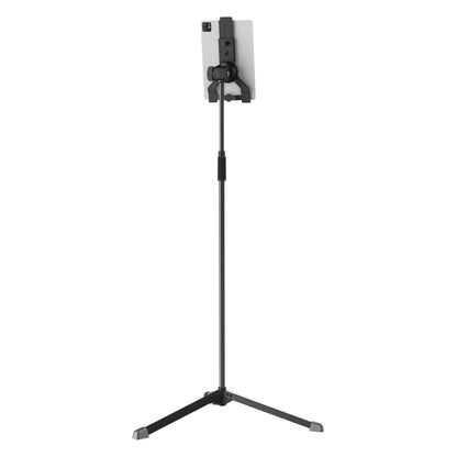 Biobased tablet floor stand rear view with tablet clamped in holder, showing tilt knob and ball joint mount, K&M