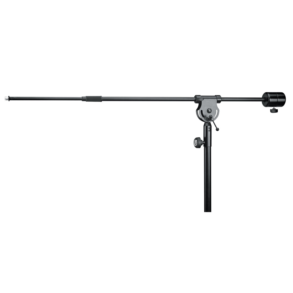 21232 telescopic boom arm close-up, horizontal side view with counterweight, pivot head and locking knob on upright tube, K&M