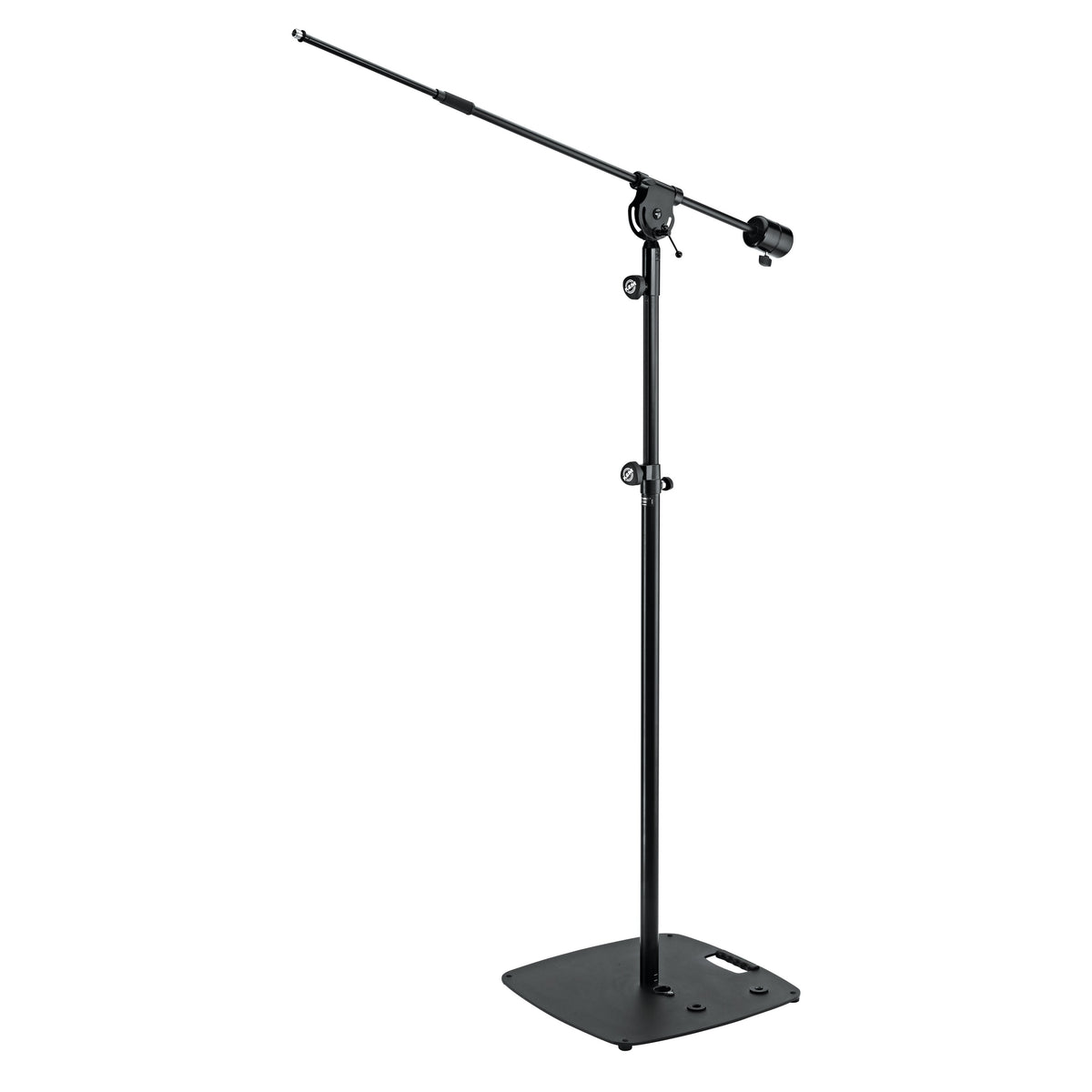 21232 full microphone stand three-quarter view with telescopic boom arm, counterweight and flat square steel base with carry handle cutout, K&M