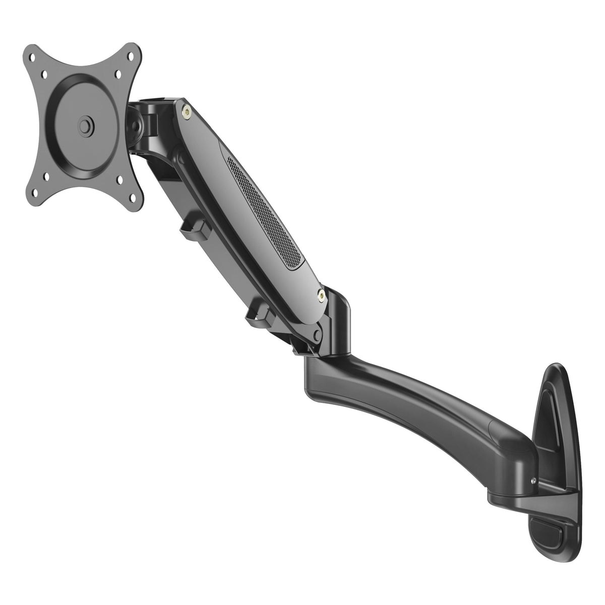 23870 monitor wall mount three-quarter view with gas spring arm extended and VESA mounting plate, K&M