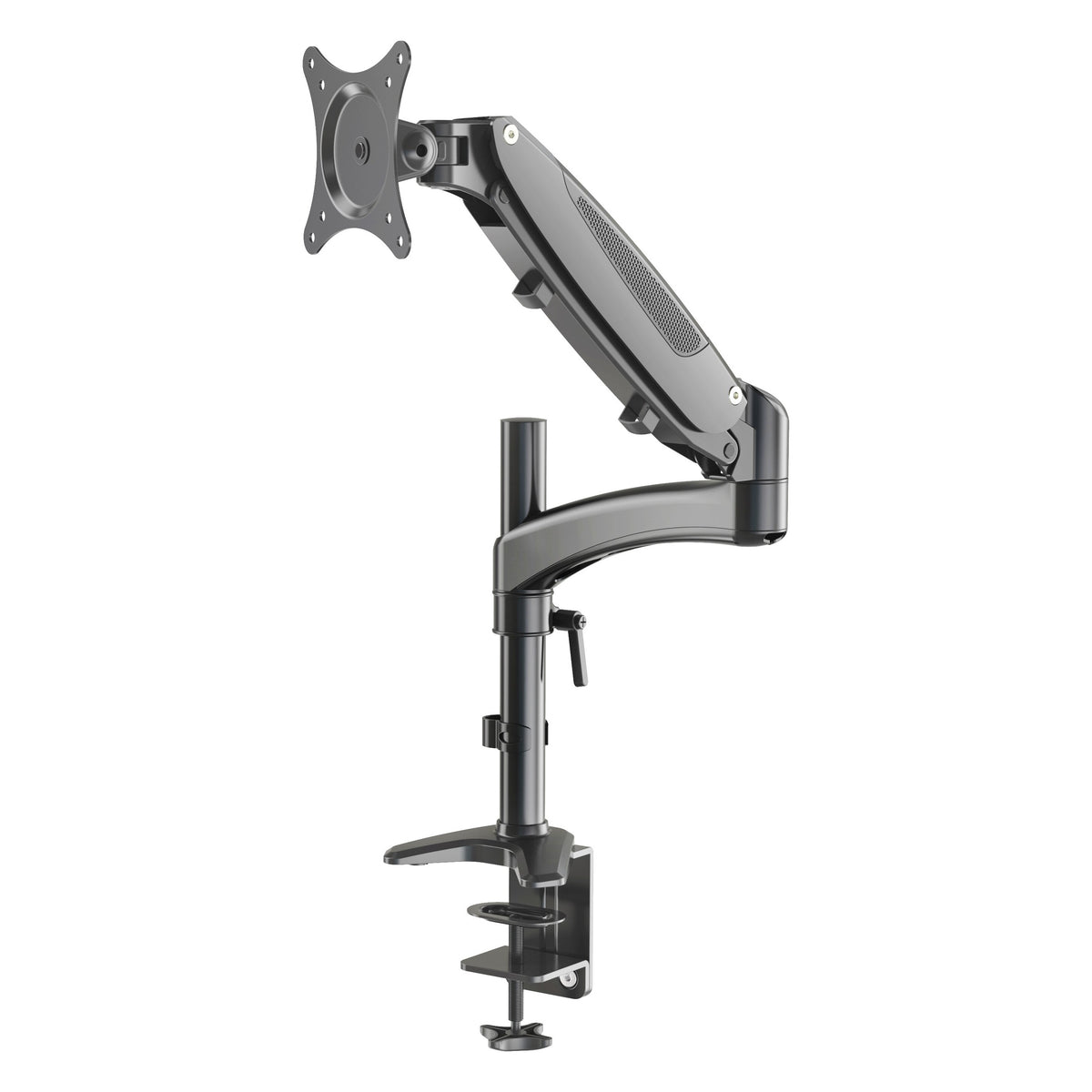 23873 desk monitor mount front view showing gas spring arm, VESA plate, vertical pole and desk clamp base, K&M