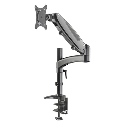 23873 desk monitor mount front view showing gas spring arm, VESA plate, vertical pole and desk clamp base, K&M