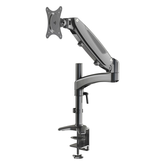 23873 desk monitor mount front view showing gas spring arm, VESA plate, vertical pole and desk clamp base, K&M