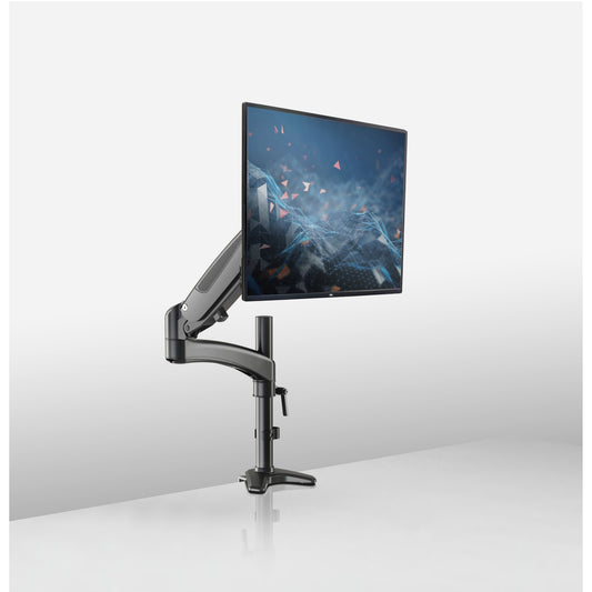 23873 desk monitor mount in use holding a flat-panel monitor on a desk, with gas spring arm and clamp base visible, K&M