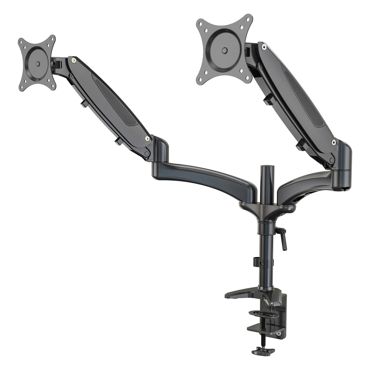 23875 dual monitor desk mount product shot on white showing two gas spring arms with VESA plates and desk clamp base on a central pole, K&M