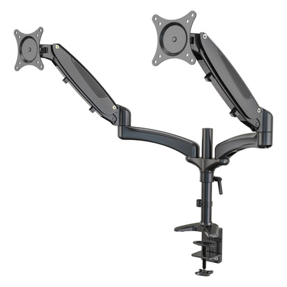 23875 dual monitor desk mount product shot on white showing two gas spring arms with VESA plates and desk clamp base on a central pole, K&M