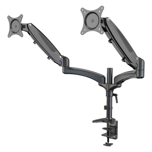 23875 dual monitor desk mount product shot on white showing two gas spring arms with VESA plates and desk clamp base on a central pole, K&M