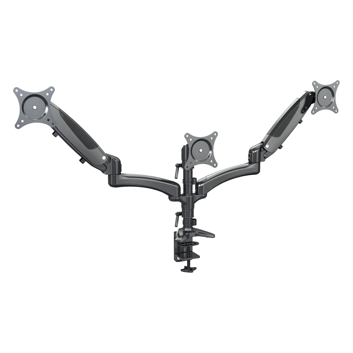 23878 triple monitor desk mount front view with two gas spring arms, a center post and VESA plates, plus a desk clamp base, K&M