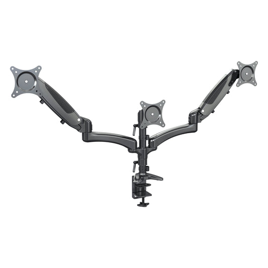 23878 triple monitor desk mount front view with two gas spring arms, a center post and VESA plates, plus a desk clamp base, K&M