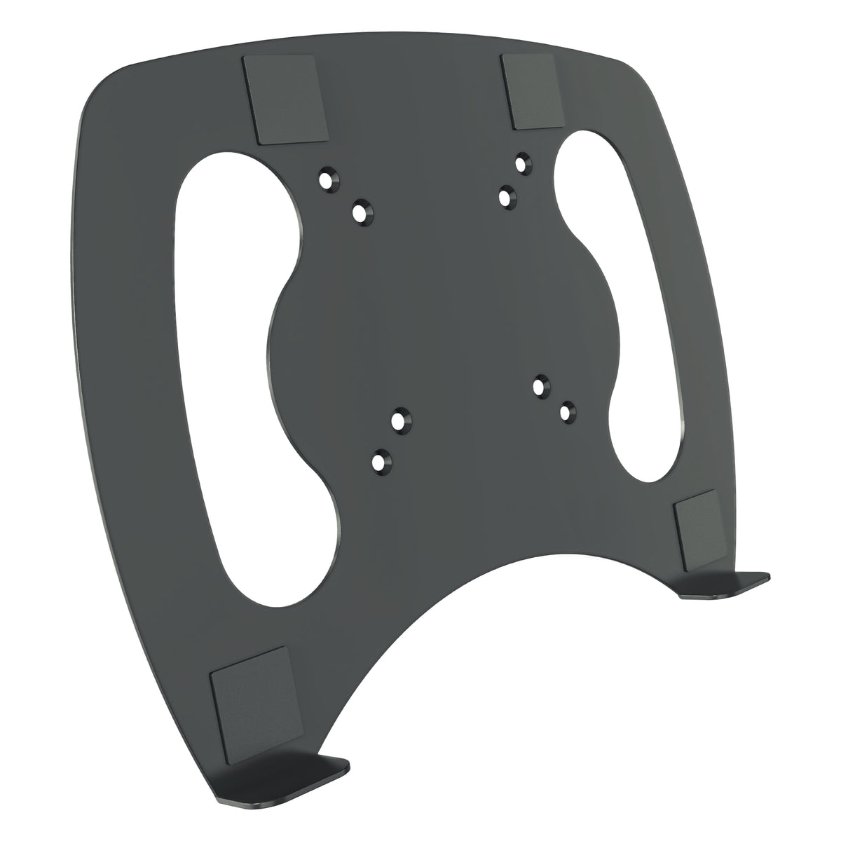 23880 laptop tray angled front view showing VESA mounting hole pattern, two cut-out handle slots and four grip pads with front lip tabs, K&M
