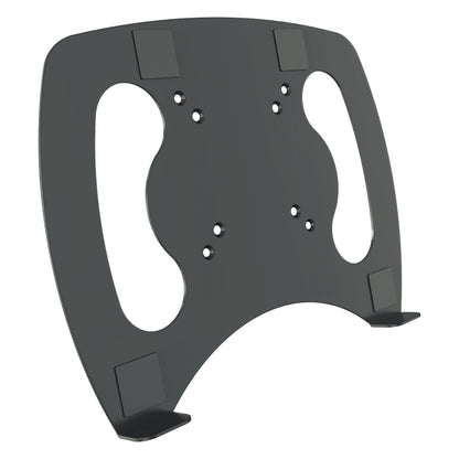 23880 laptop tray angled front view showing VESA mounting hole pattern, two cut-out handle slots and four grip pads with front lip tabs, K&M