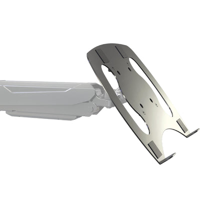 23880 laptop tray attached to a monitor arm, close-up showing the tray tilted on the arm's VESA bracket, K&M