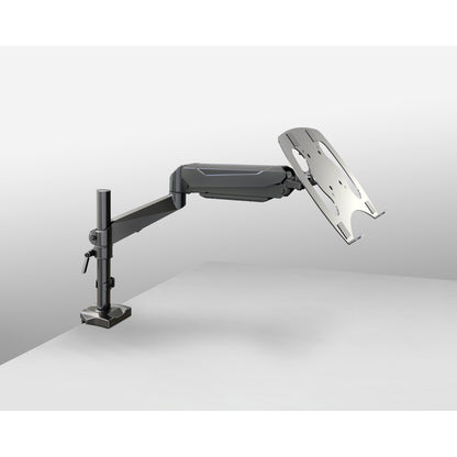 23880 laptop tray fitted to a desk-clamp gas-spring monitor arm, side view with the empty tray tilted upward, K&M
