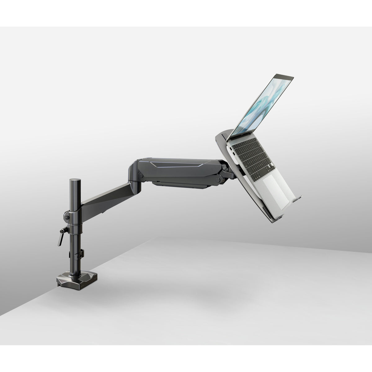 23880 laptop tray on a desk-clamp monitor arm holding an open laptop at a raised, tilted angle, K&M