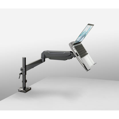 23880 laptop tray on a desk-clamp monitor arm holding an open laptop at a raised, tilted angle, K&M