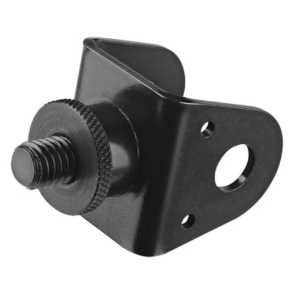 23881 monitor mount adapter angled view showing 3/8" threaded stud, knurled collar and black bracket with mounting holes, K&M