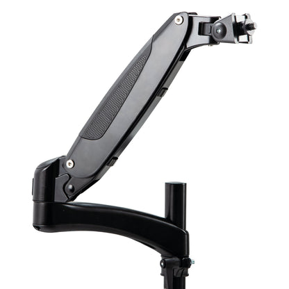 23881 monitor mount adapter fitted to the end of a black gas-spring monitor arm with the 3/8" thread stud facing out, K&M