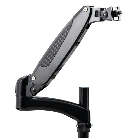 23881 monitor mount adapter fitted to the end of a black gas-spring monitor arm with the 3/8" thread stud facing out, K&M