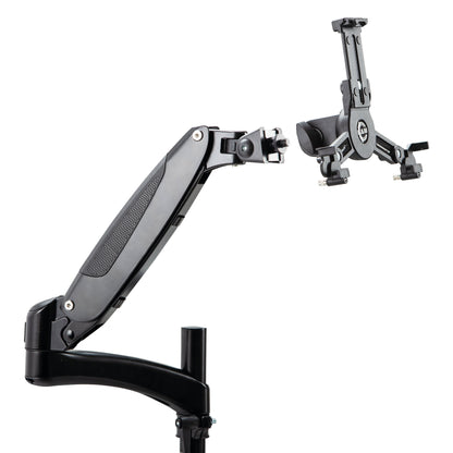 23881 monitor mount adapter on a gas-spring arm with a K&M tablet holder positioned ready to attach to the 3/8" thread, K&M