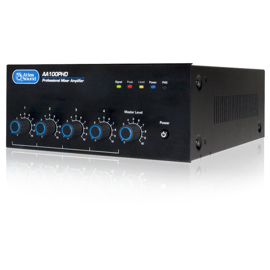 AA100PHD 100W mixer amplifier front angled view with four blue input level knobs, master level control and Signal, Peak, Limit, Power and PHD LED indicators, AtlasIED