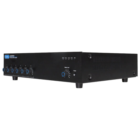 AA200PHD 6-input mixer amplifier front angled view with blue input level knobs, master level control and Signal/Peak/Limit/Power/PHD LED indicators, AtlasIED