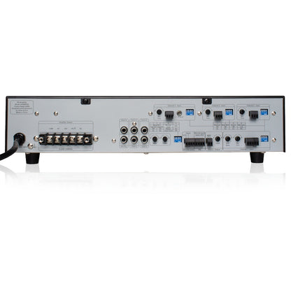 AA200PHD rear panel showing barrier strip 70V/25V/4-ohm amplifier output, RCA sum in and pre out jacks, Phoenix input connectors and DIP switch banks, AtlasIED