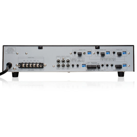 AA200PHD rear panel showing barrier strip 70V/25V/4-ohm amplifier output, RCA sum in and pre out jacks, Phoenix input connectors and DIP switch banks, AtlasIED