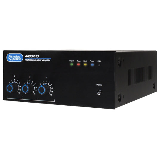 AA30PHD 30W mixer amplifier front angled view showing three blue-ringed input level knobs and Signal, Peak, Limit, Power and PHD status LEDs, AtlasIED