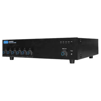 AA400PHD 400W mixer amplifier front angled view with six blue input level knobs, master level control and Signal/Peak/Limit/Power/PHD indicators, AtlasIED