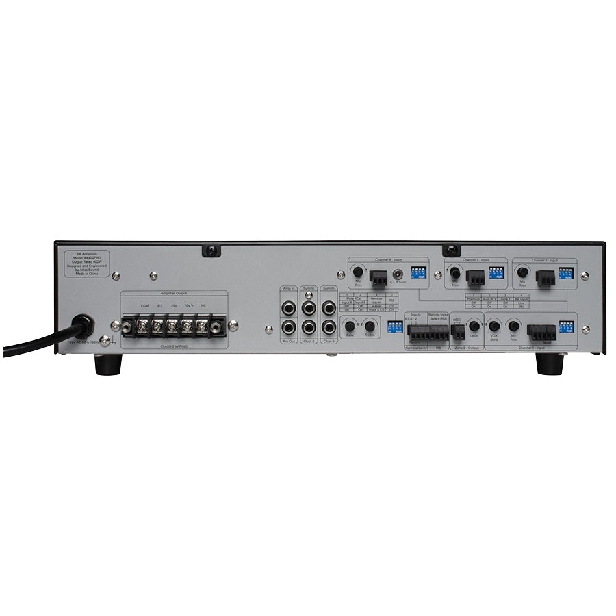 AA400PHD rear panel showing 25V/70V barrier strip speaker terminals, RCA sum in and pre out jacks, Phoenix input connectors and DIP switch banks, AtlasIED