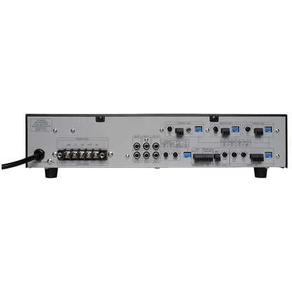 AA400PHD rear panel showing 25V/70V barrier strip speaker terminals, RCA sum in and pre out jacks, Phoenix input connectors and DIP switch banks, AtlasIED