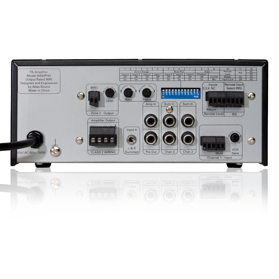 AA50PHD 50W mixer amplifier rear panel with DIP switch bank, Phoenix-style terminal blocks and 1/4-inch Sum In and Pre Out jacks, AtlasIED