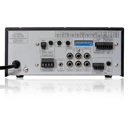 AA50PHD 50W mixer amplifier rear panel with DIP switch bank, Phoenix-style terminal blocks and 1/4-inch Sum In and Pre Out jacks, AtlasIED