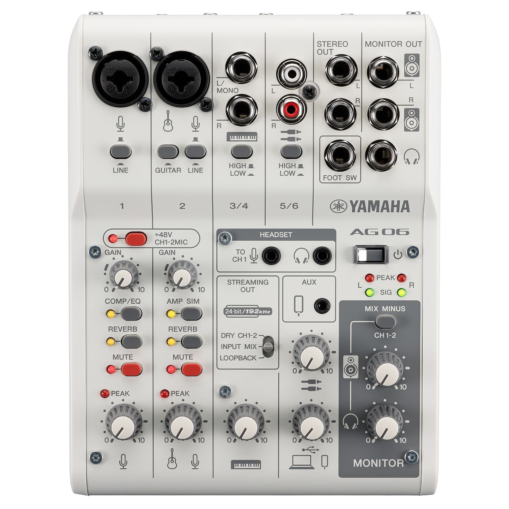 Yamaha AG06MK2 6-Channel Live Streaming USB Mixer white front