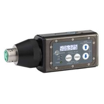 HMa plug-on XLR wireless transmitter angled view showing LCD reading 506.325, AUDIO and FREQ buttons, up/down arrows and green-insert XLR connector, Lectrosonics