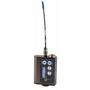 SMV bodypack transmitter front view with whip antenna attached and LCD screen with blue up/down buttons visible, Lectrosonics