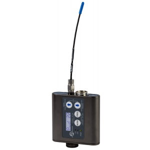 SMQV beltpack transmitter front view with blue-tipped flexible antenna, LCD screen and navigation buttons, Lectrosonics
