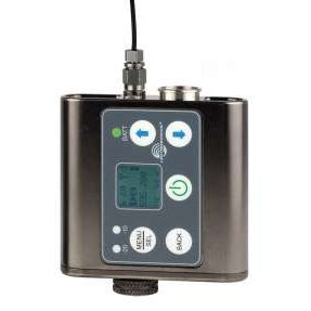 SMDWB miniature wideband bodypack transmitter front view with LCD screen, arrow keys, power and menu buttons, and antenna cable attached, Lectrosonics