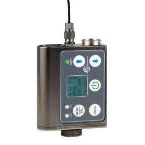 SMWB miniature wideband bodypack transmitter front view showing LCD screen, arrow keys, menu and back buttons, power button and antenna cable, Lectrosonics
