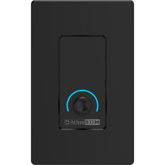 C-V-US-B Atmosphere volume controller front view with black wall plate and blue LED level ring around rotary knob, AtlasIED