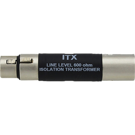 ProCo Sound ITX line level 600 ohm isolation transformer, side profile showing printed label on black barrel
